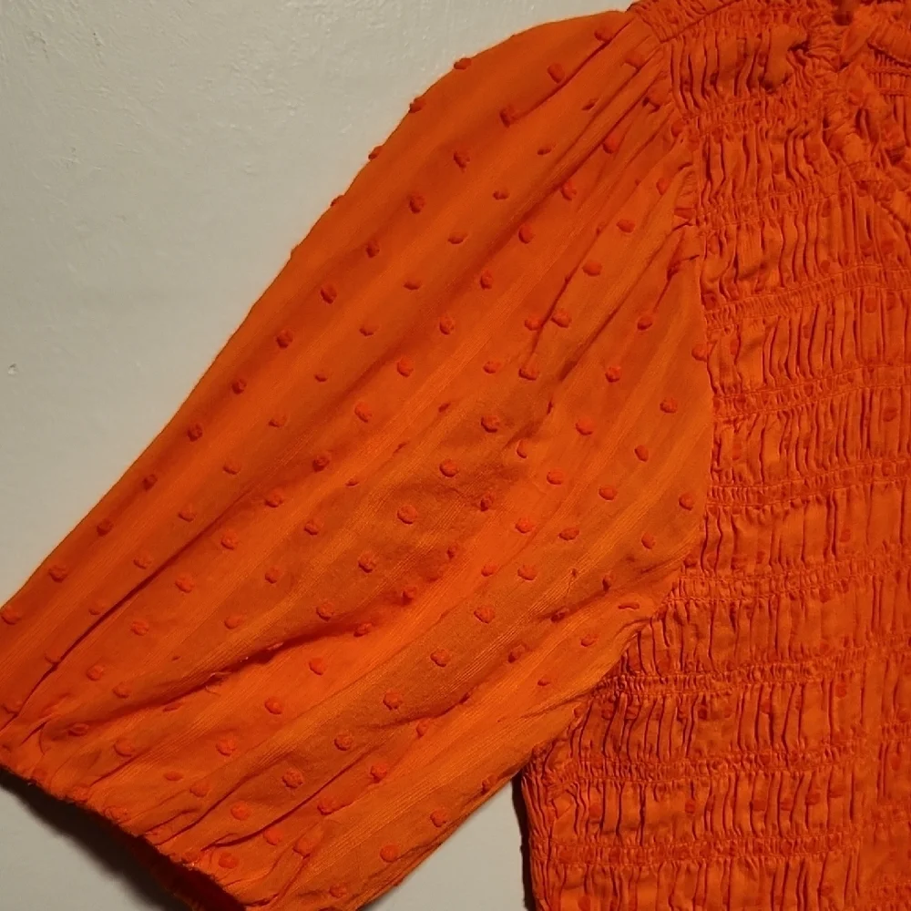 J. Crew Stretchy Bright Orange Smocked Blouse Puff Sleeves Ruffle Crew Collar - Picture 5 of 7